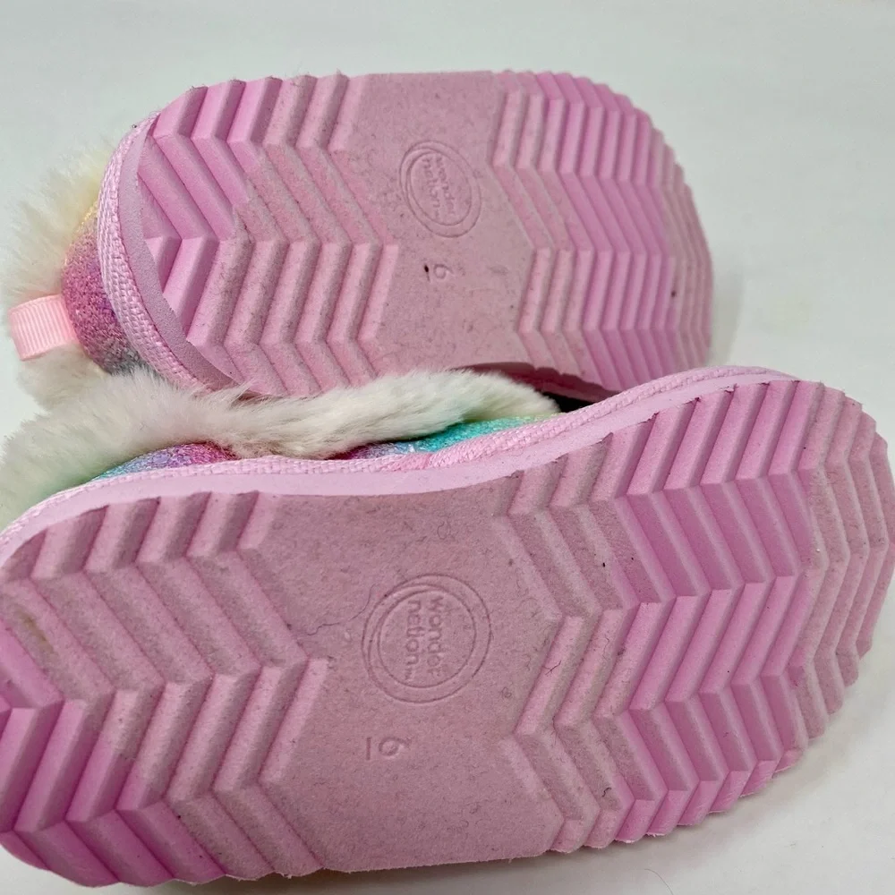 Toddler Girls Rainbow Glitter Slippers with Faux Fur Size 6